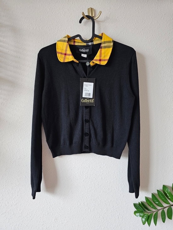 Collectif Tops - Collectif Black Cardigan with Yellow Tartan Collar